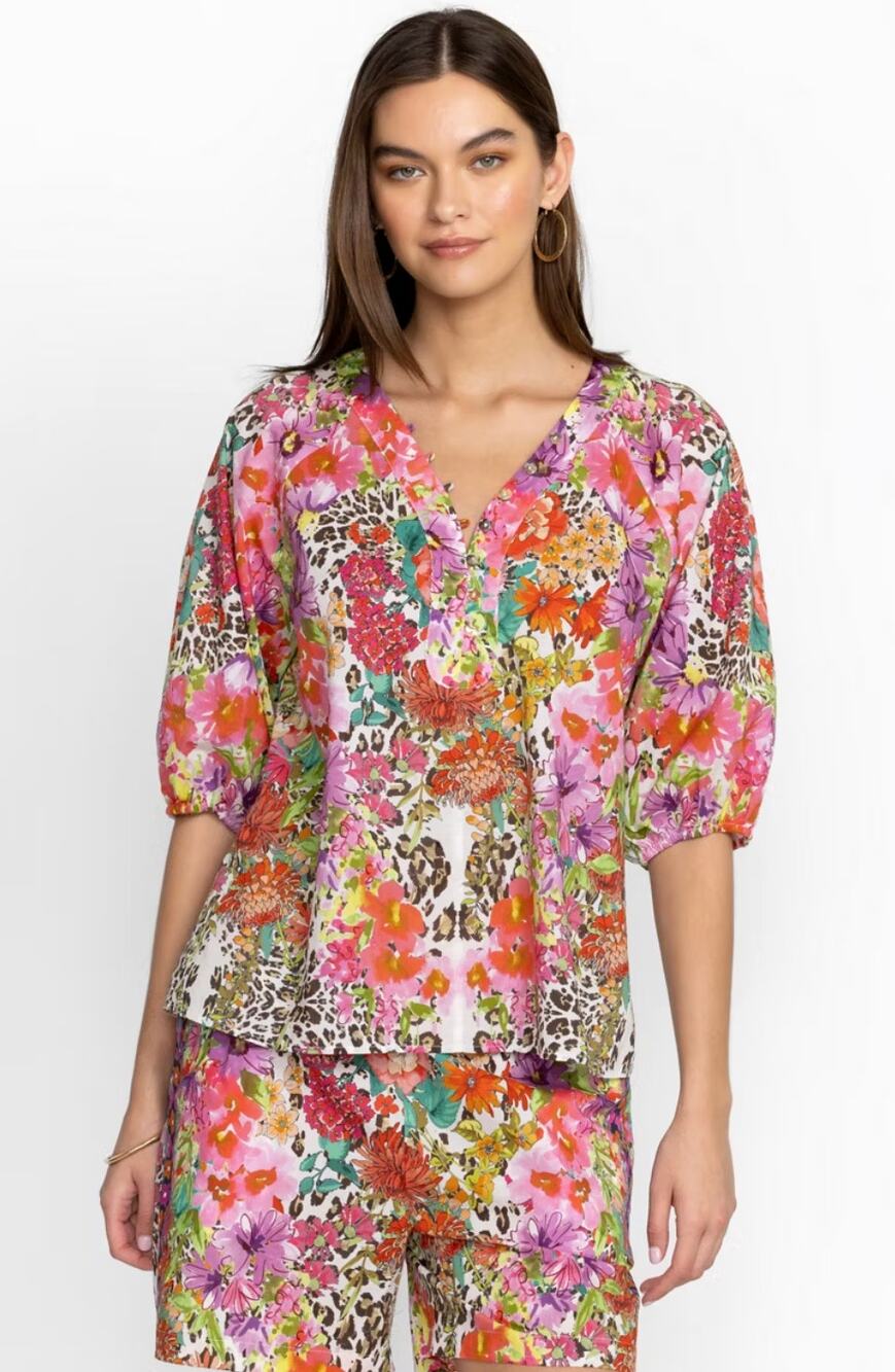 Johnny Was Blouse Large Wild Garden Puff Sleeve Button Front Floral Boho Artsy